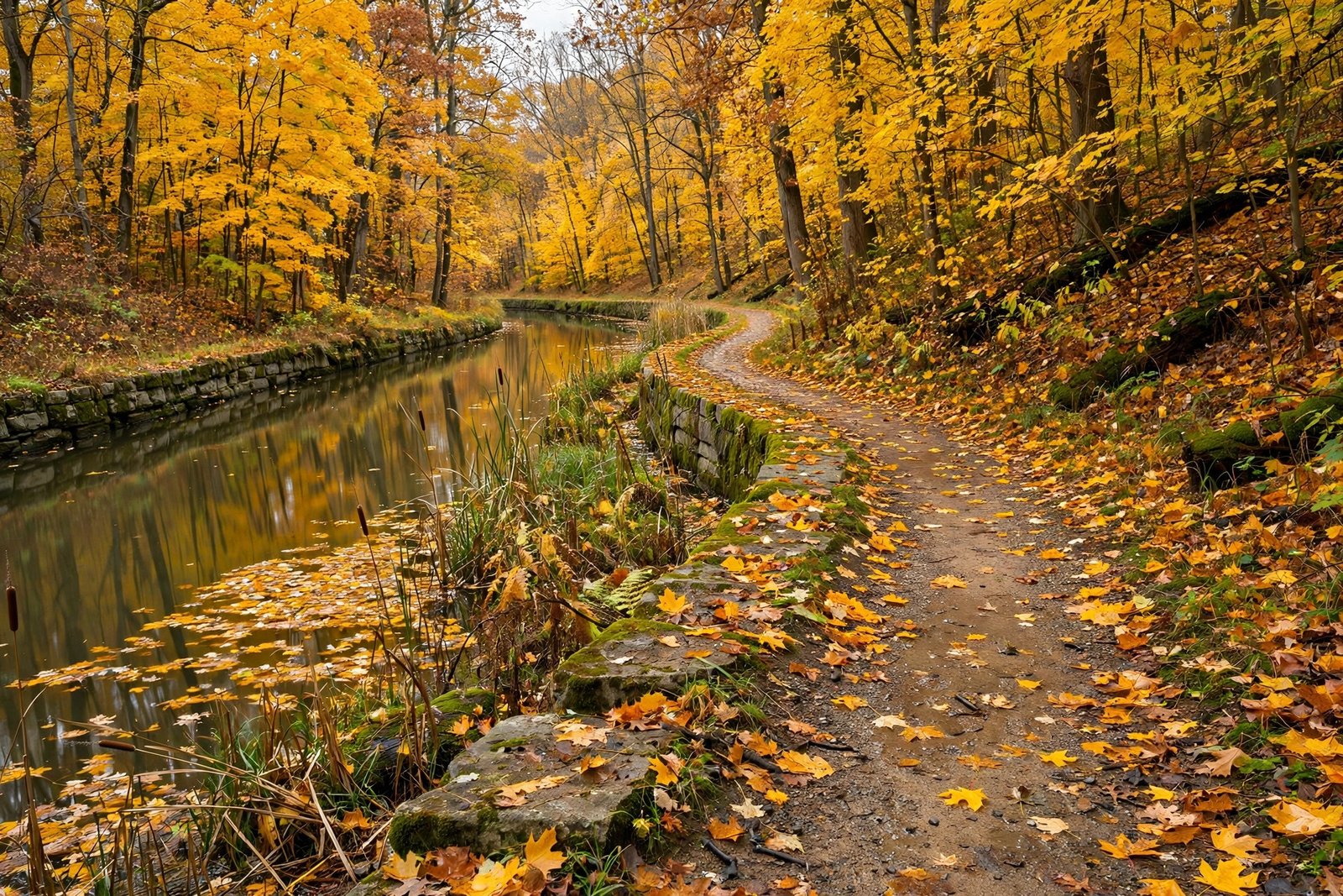 The Ohio & Erie Canal Towpath Trail winding through autumn woods near Akron