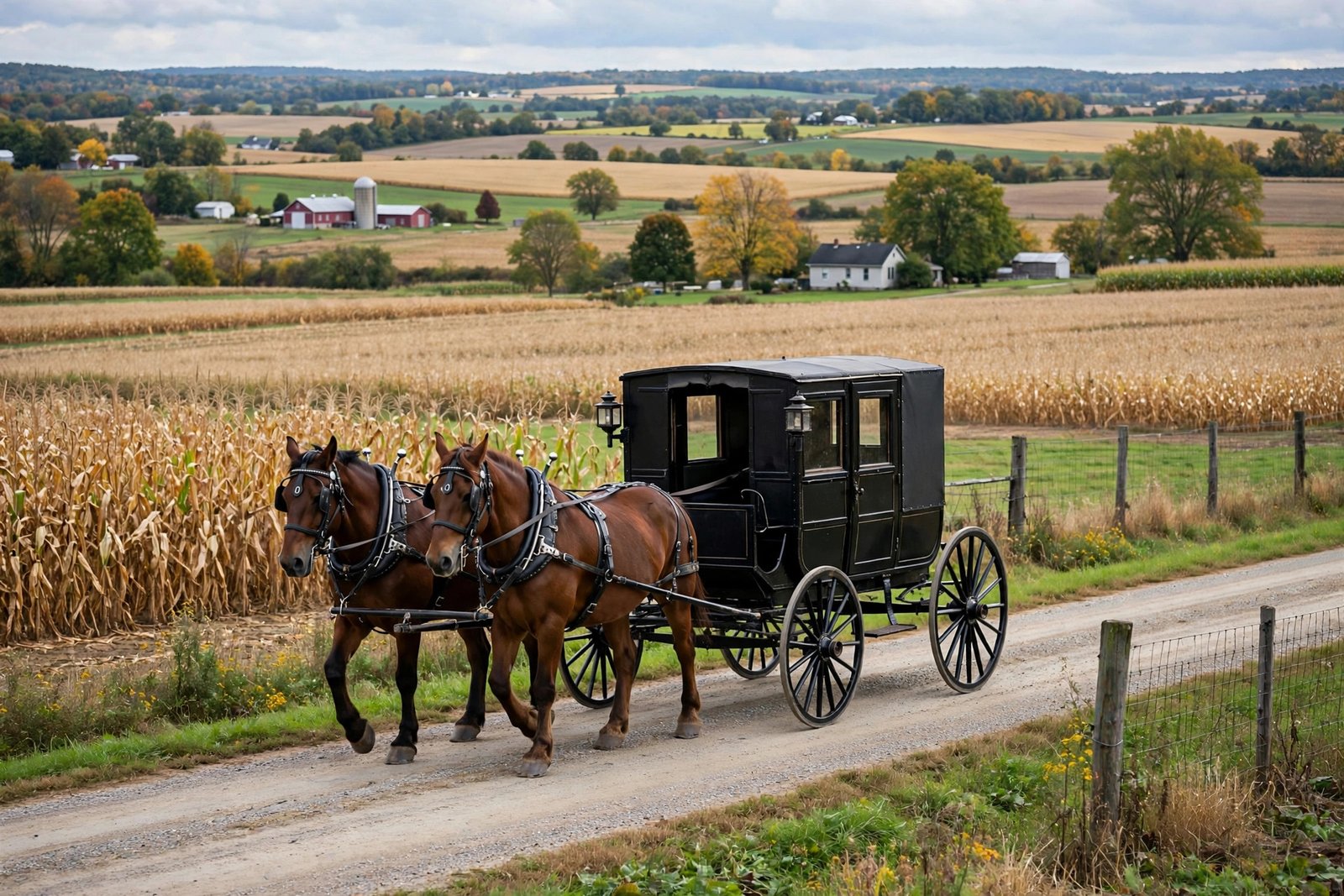 How do the Amish live: a horse-drawn Amish buggy on a rural road in Holmes County, Ohio