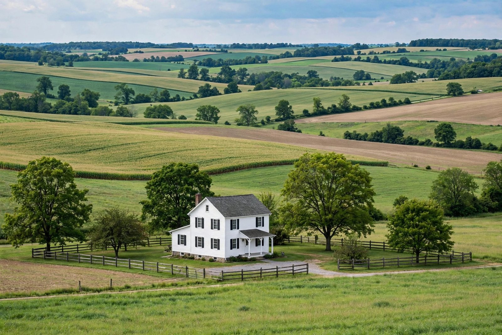 Rolling farmland and a white Amish farmhouse in Ohio's Amish Country