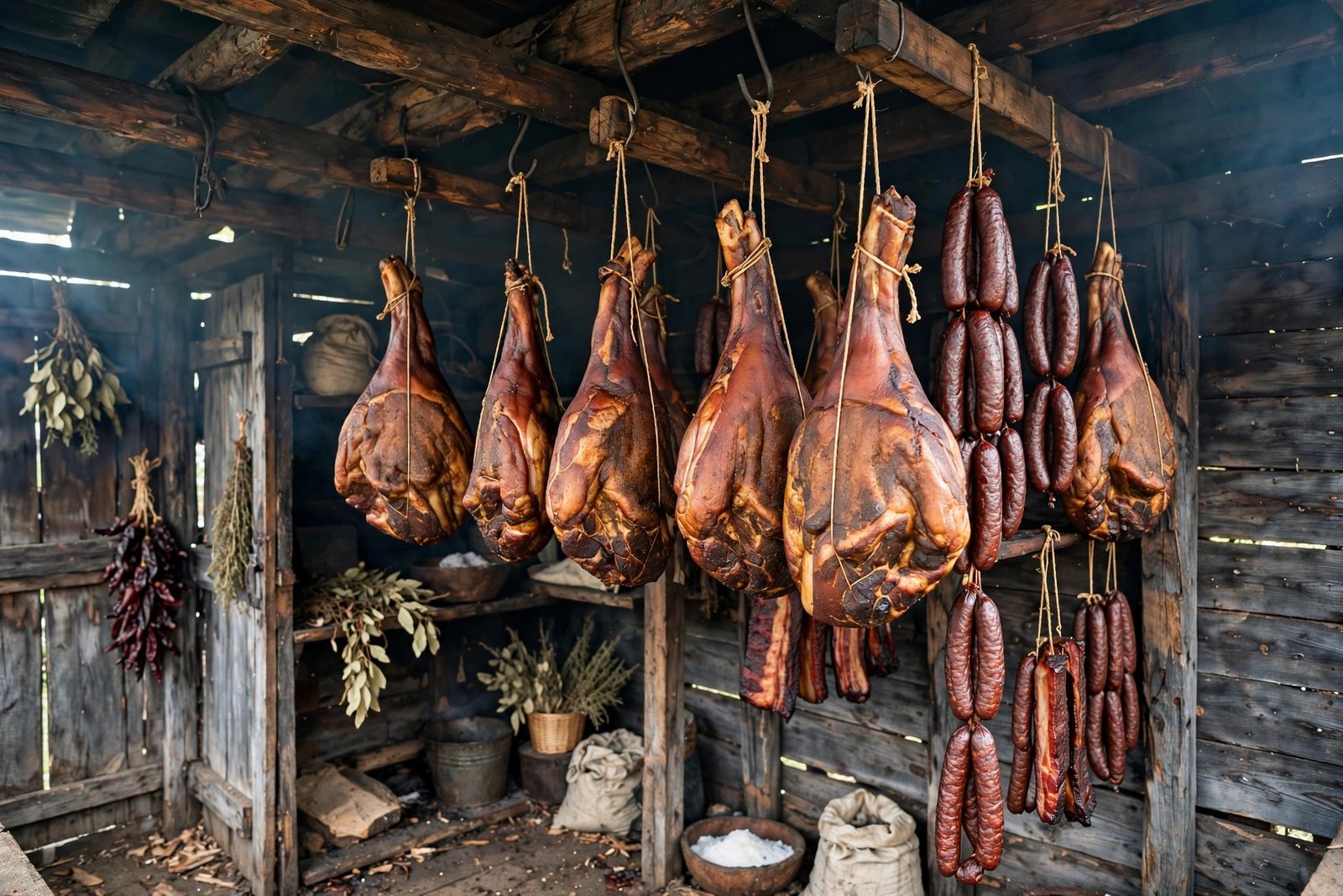 Do amish eat pork: traditional Amish-style smoked hams hanging in a smokehouse