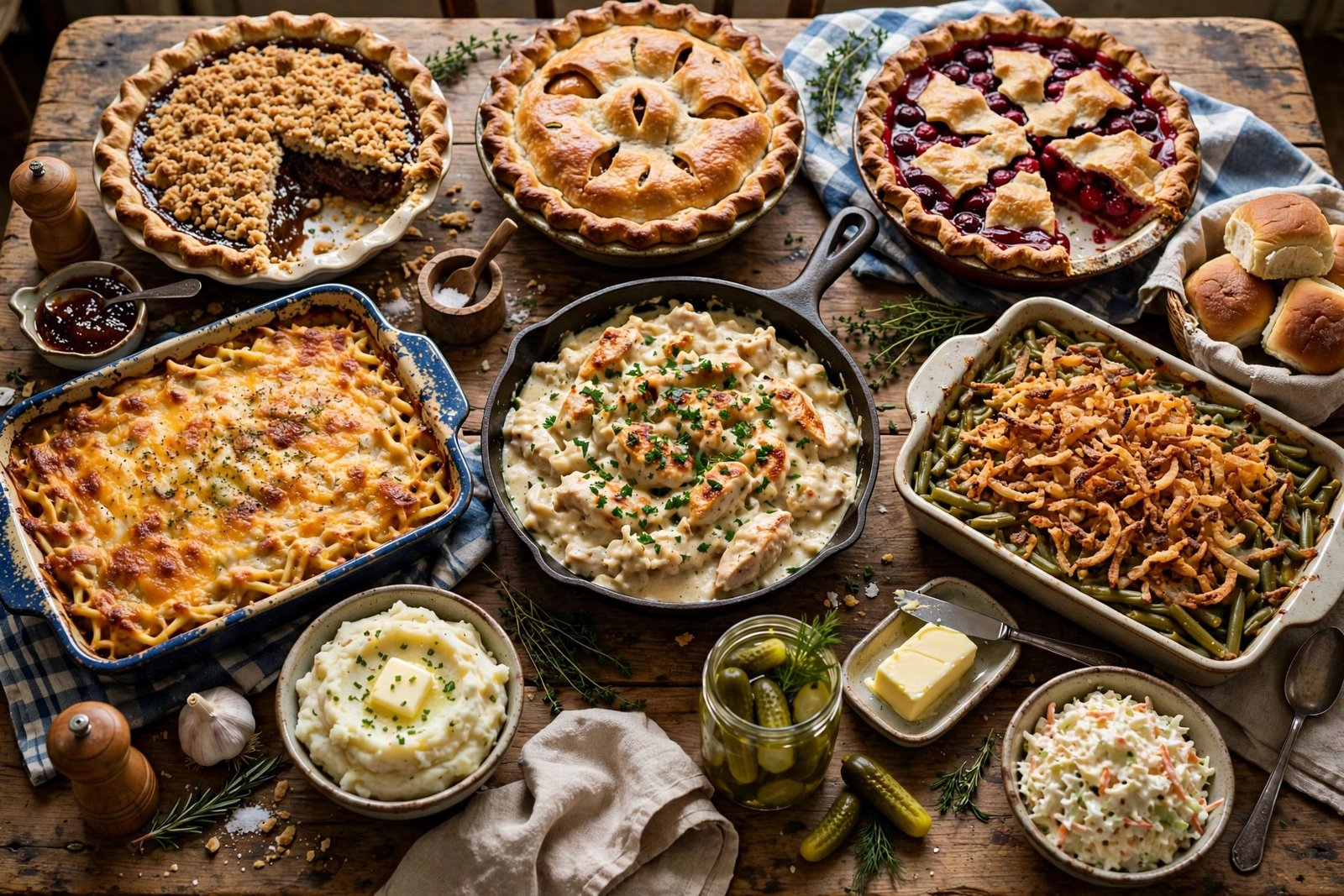 A spread of traditional Amish comfort food on a farmhouse table