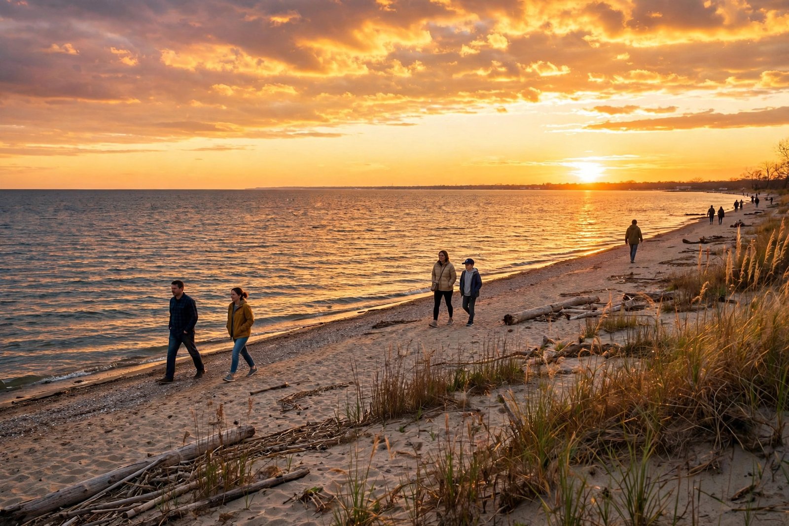 Sunset over Lake Erie with beachgoers walking the shoreline