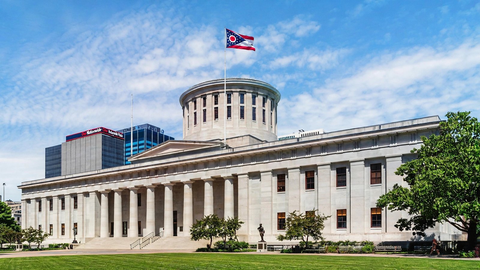 The Ohio burgee flying above the Ohio Statehouse in Columbus
