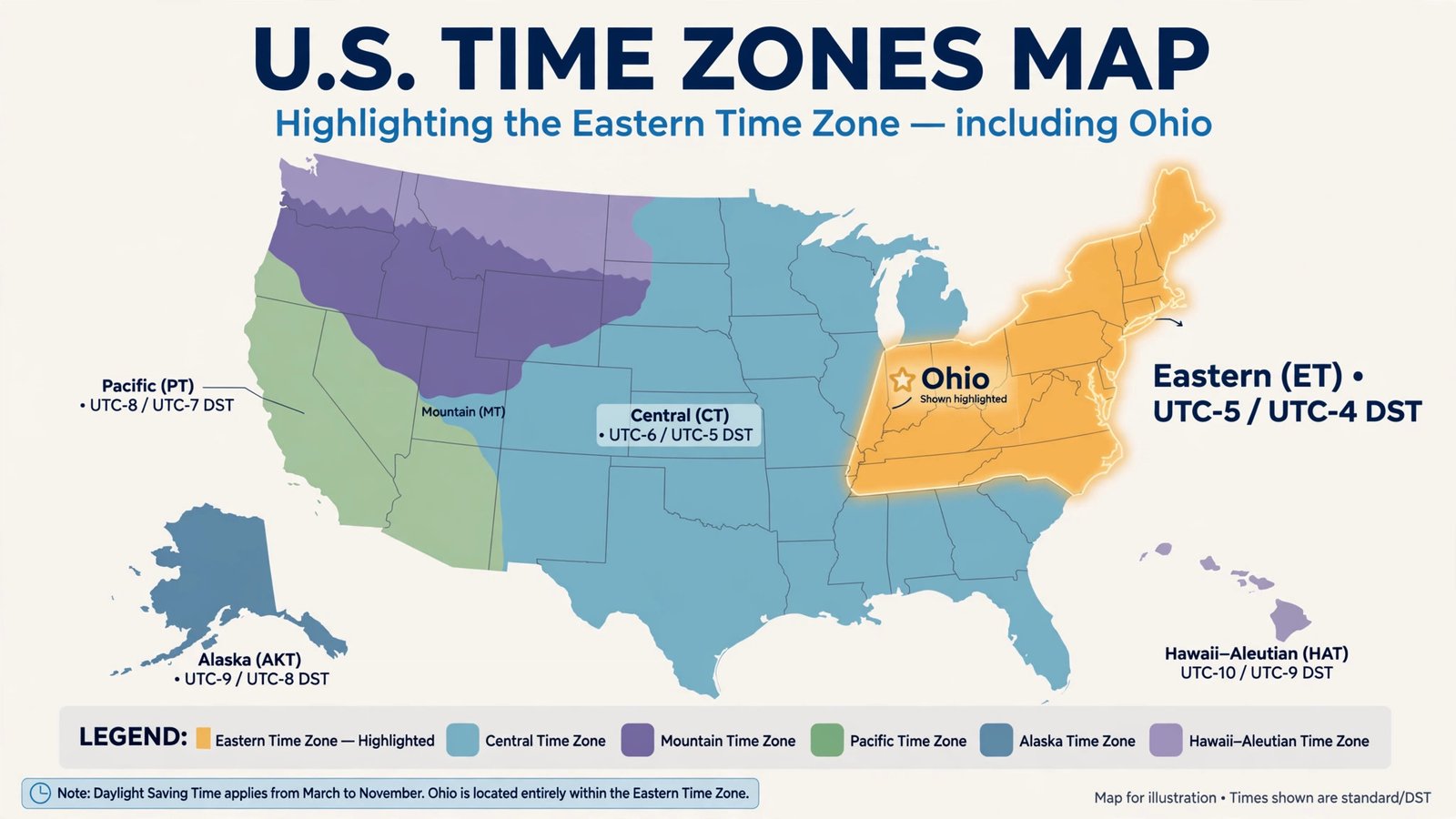 Time in USA Ohio now: US time zone map showing Ohio in the Eastern Time Zone