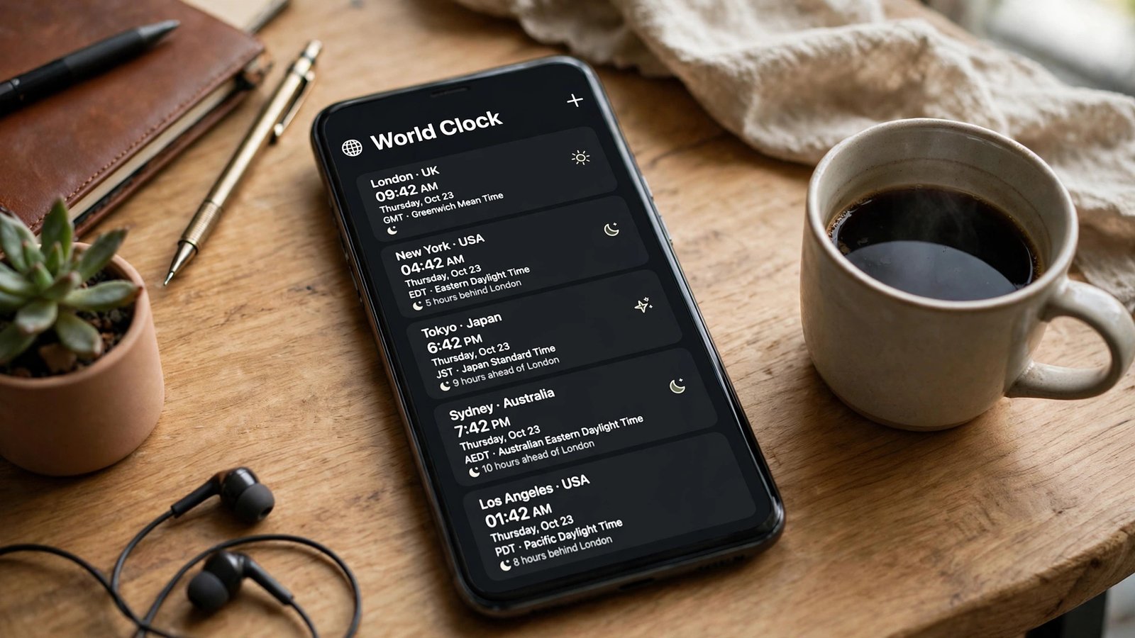 Phone showing world clock times for different US time zones