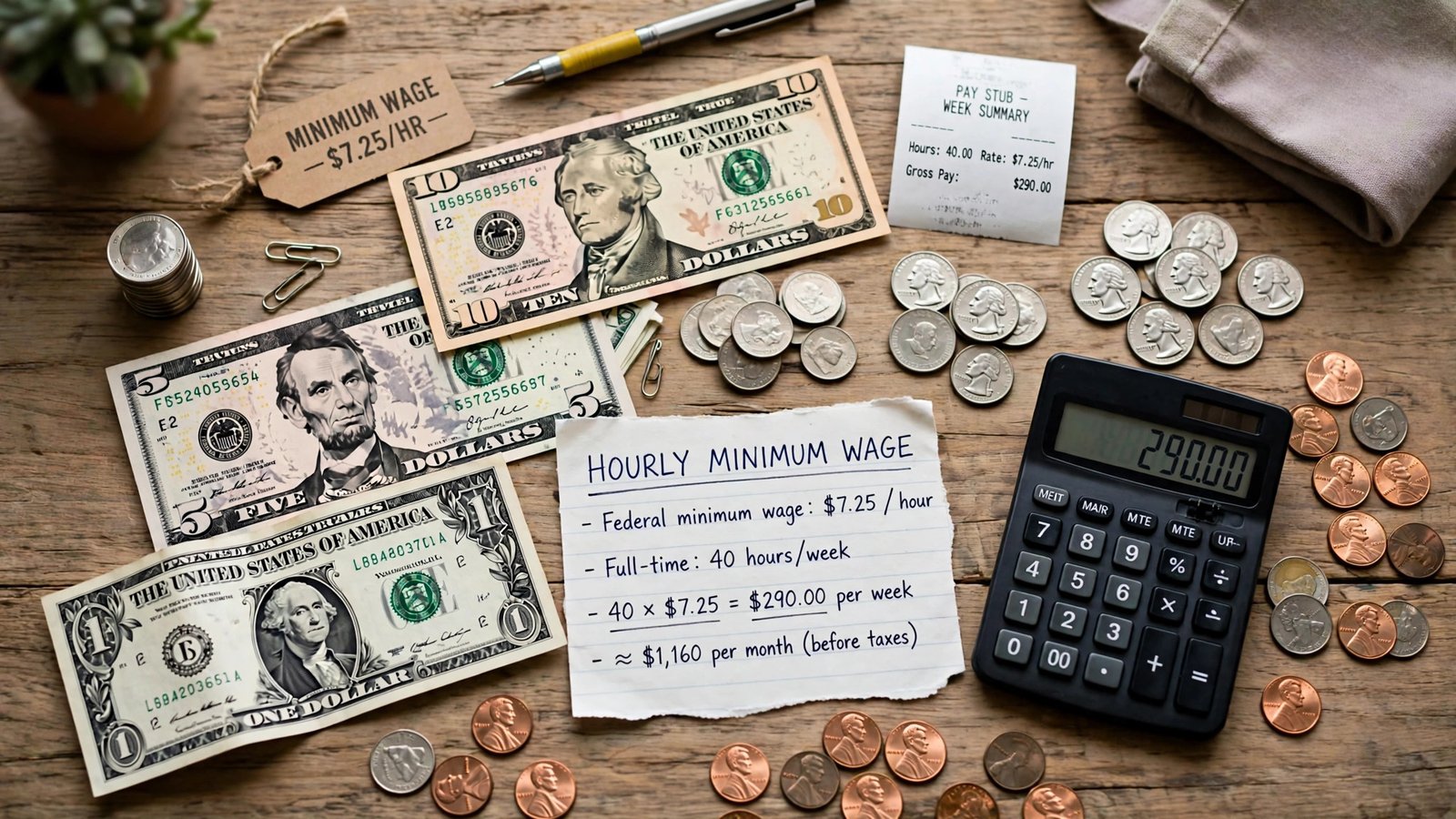 Ohio minimum wage 2026: Dollar bills and coins representing Ohio's hourly minimum wage