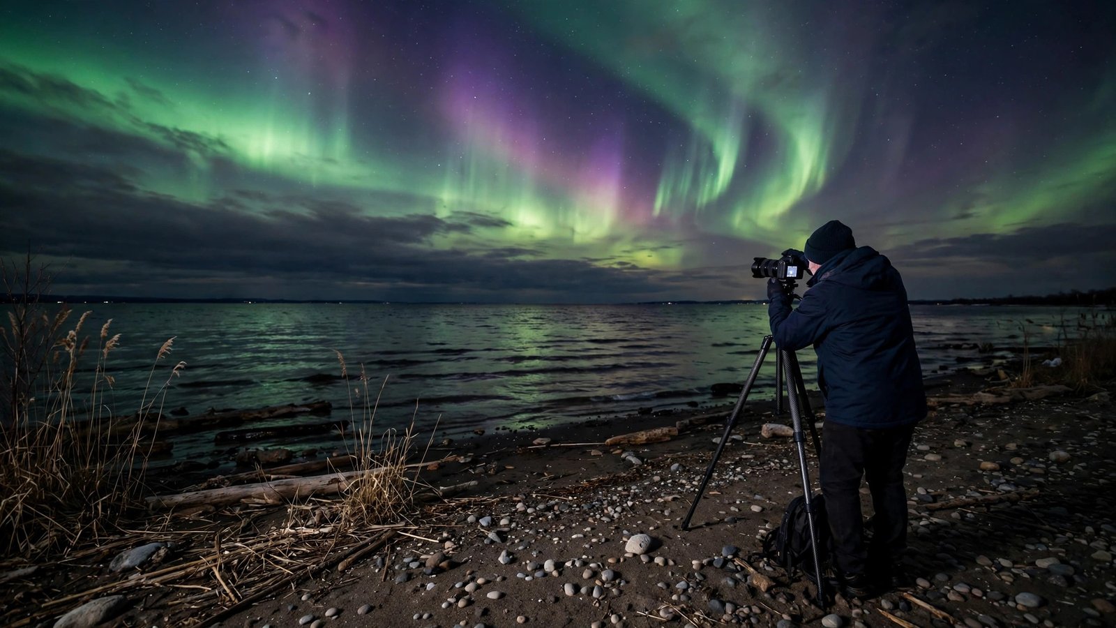 Northern lights ohio: Stargazer photographing the northern lights at an Ohio beach