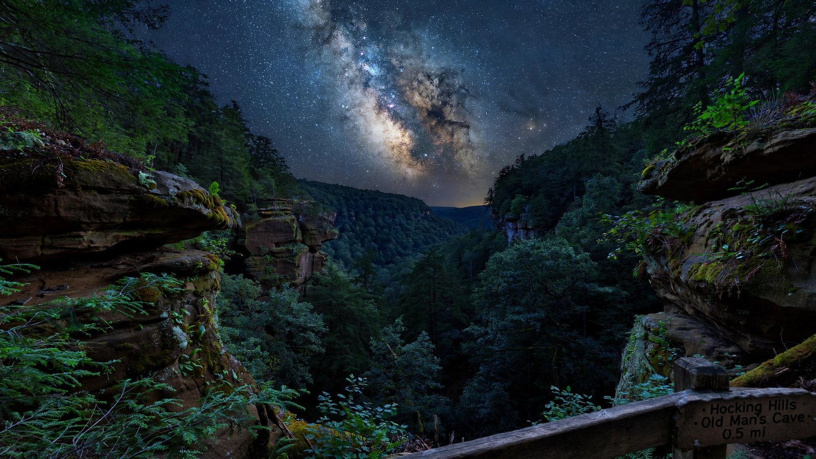 Dark night sky over Hocking Hills State Park in Ohio