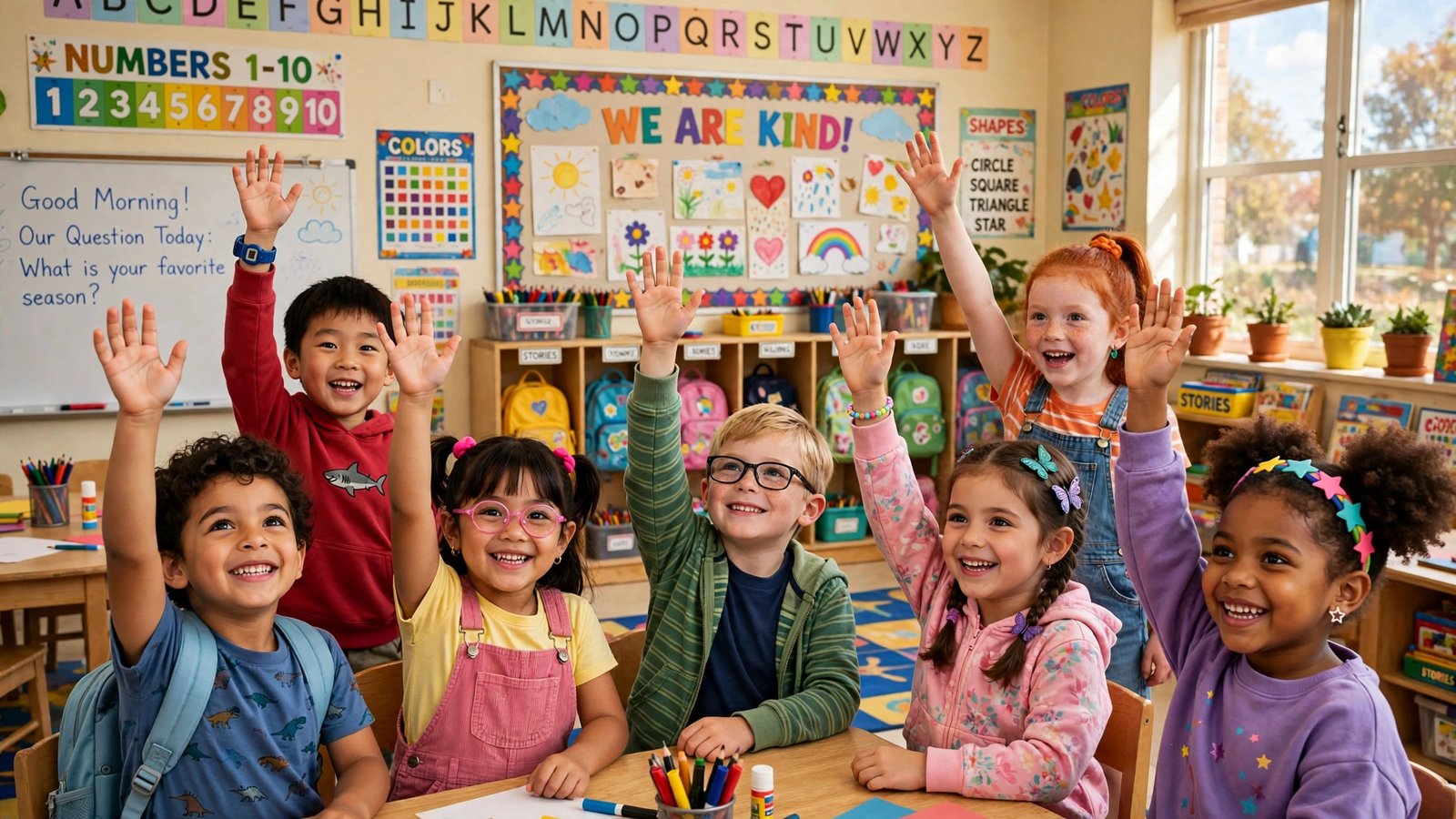 Ohio kindergarten classroom with children raising hands