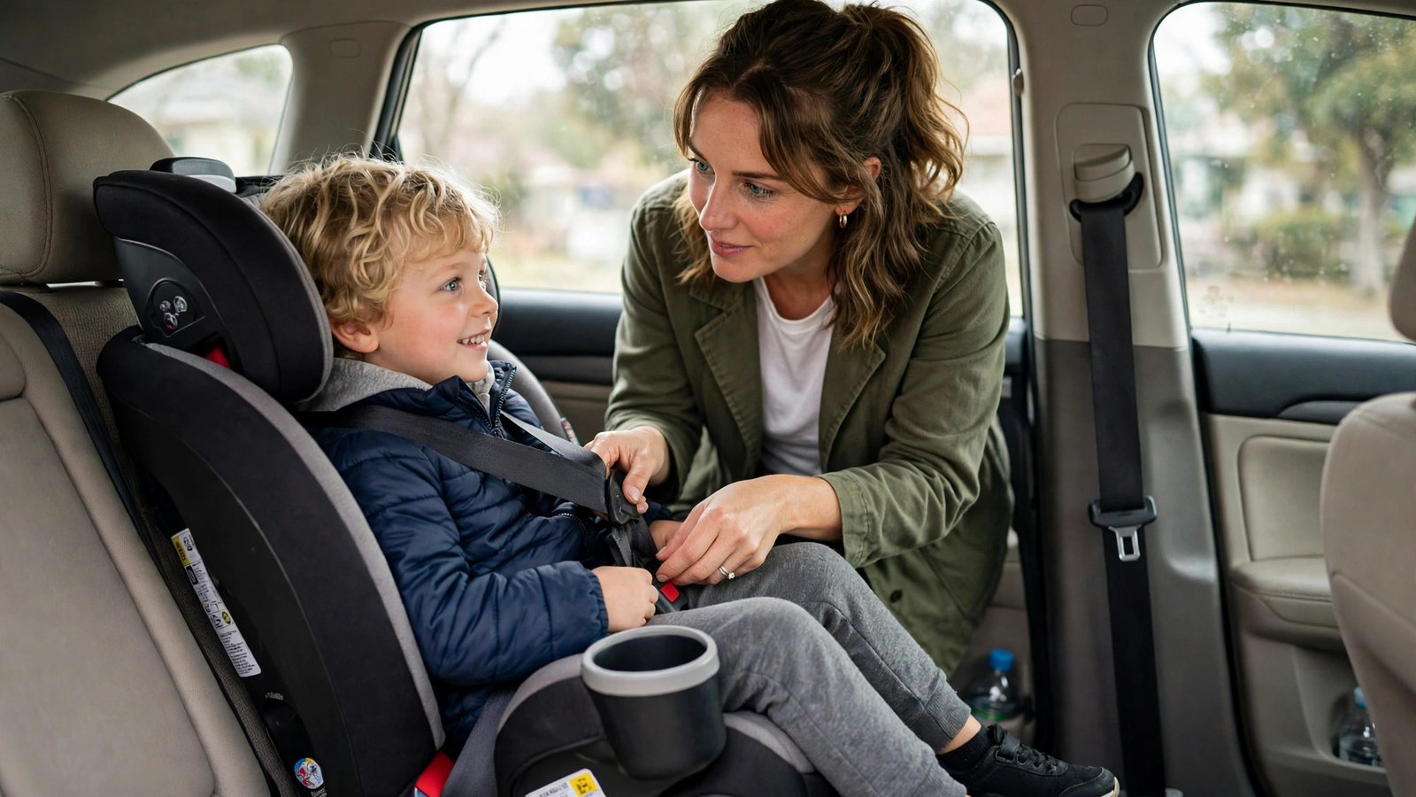 Parent securing a child into a booster seat