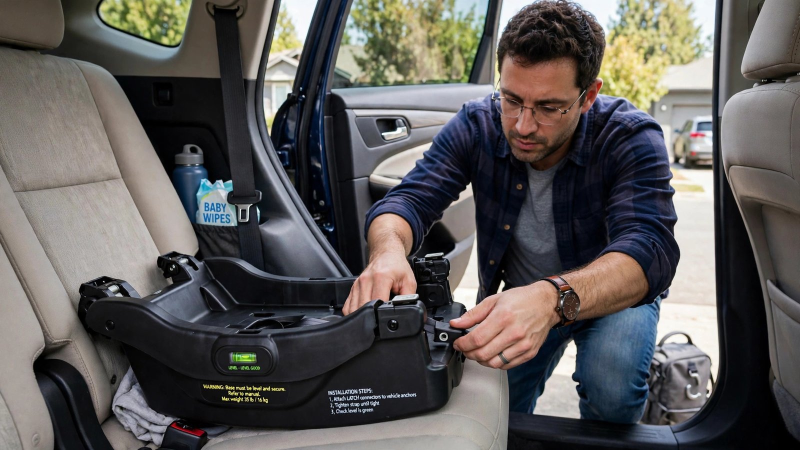 Parent installing an infant car seat base in a car